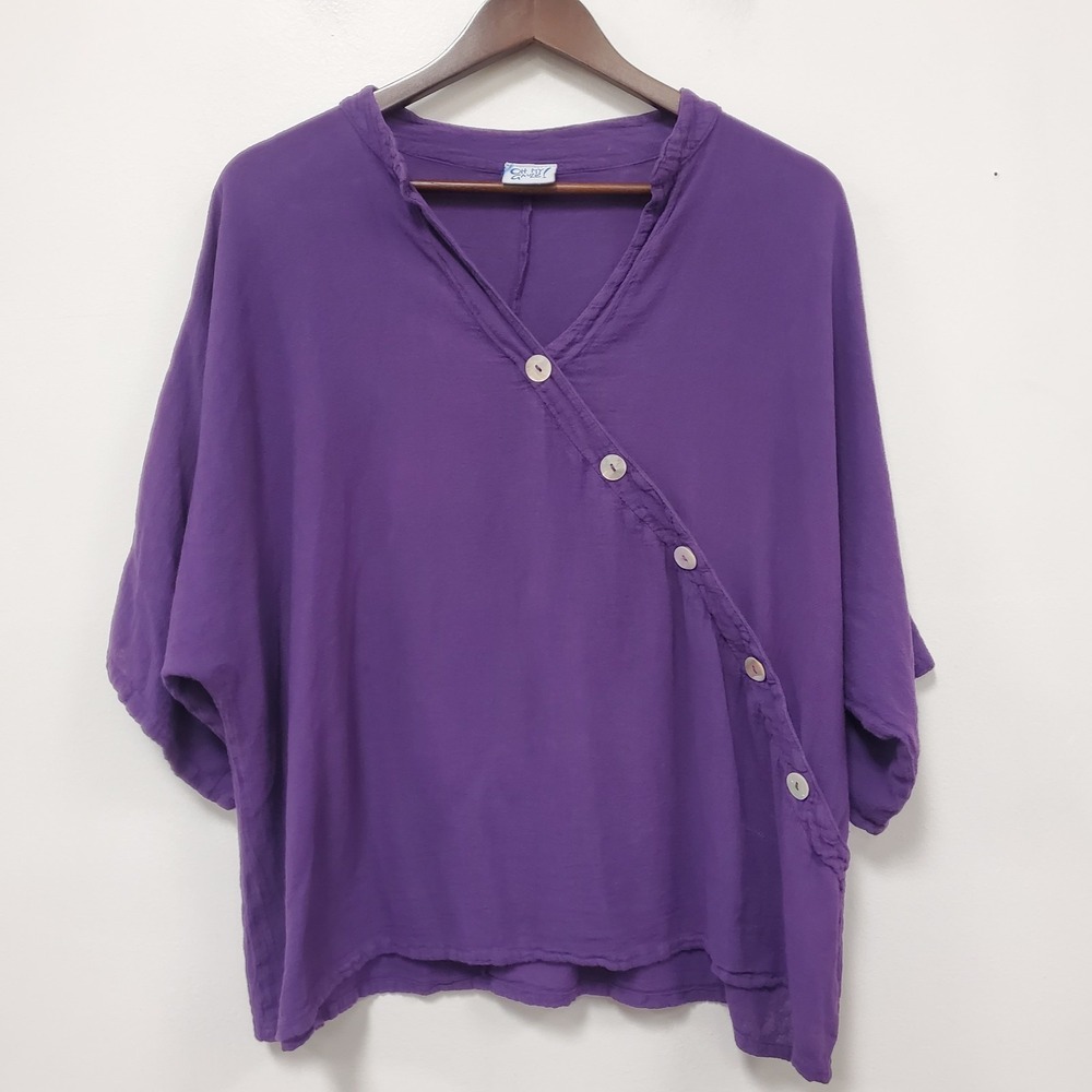 Oh My Gauze Purple Artsy Top Size 1 S/M Button Witchy Half Sleeve 100% Cotton